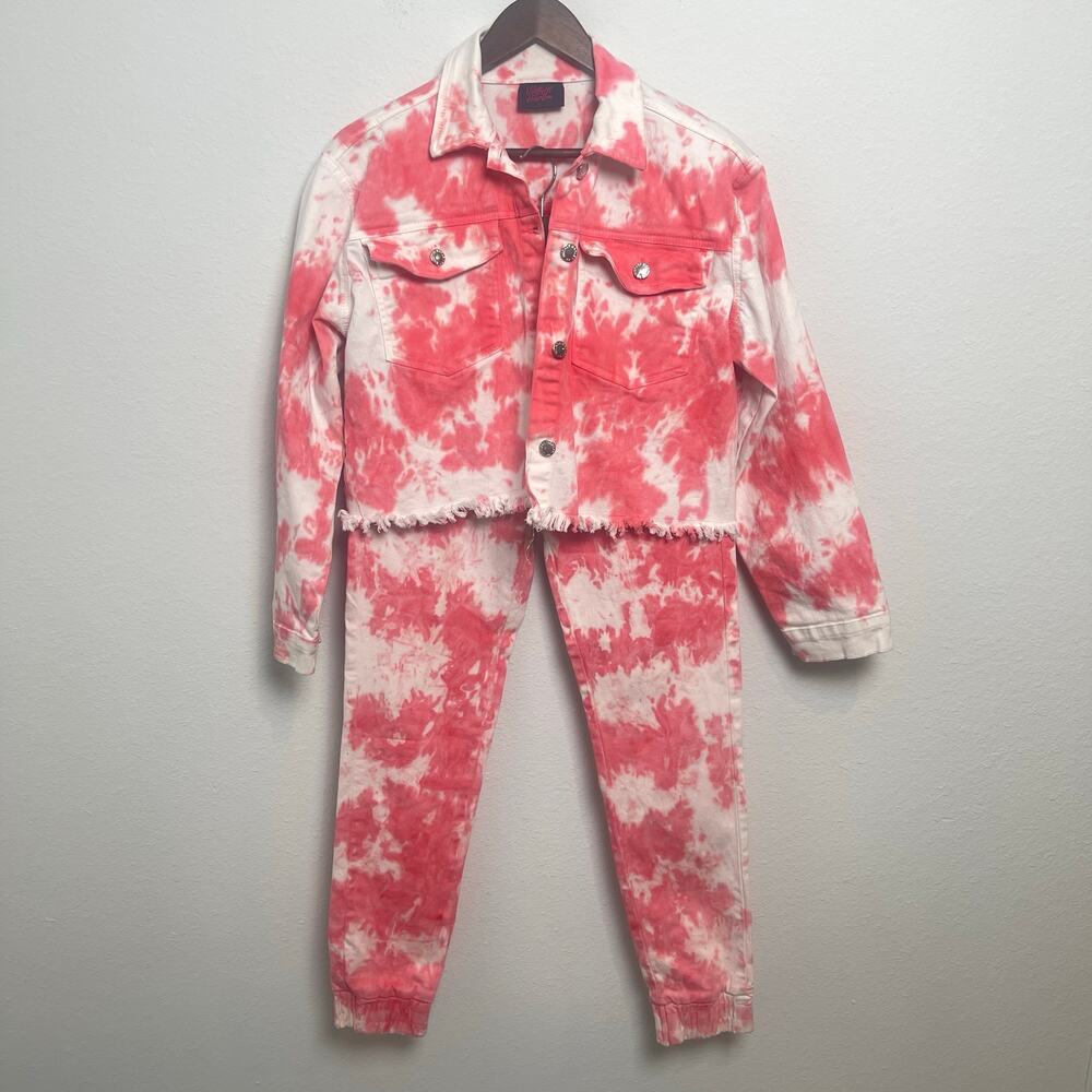 Vintage Harlem Pink Tie Dye Cropped Denim Jacket Jogger Pants Set Women’s Large